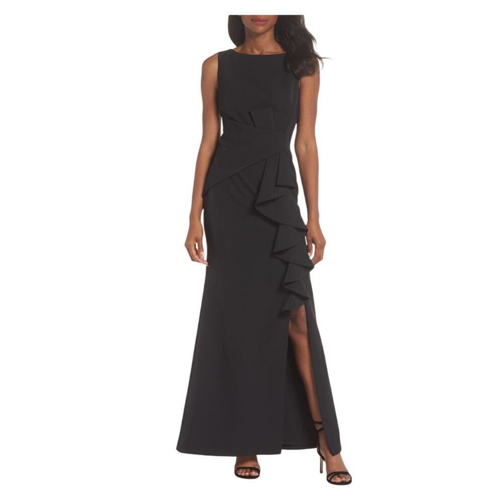 Eliza J Ruffle Front Black Maxi Gown Size 6